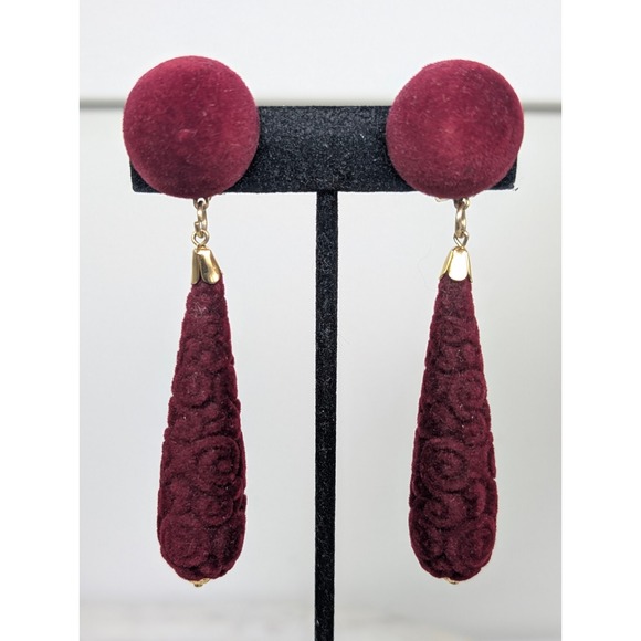 Vintage 80s Earrings Long Statement Red Burgundy Velvet With Clips - Picture 2 of 6